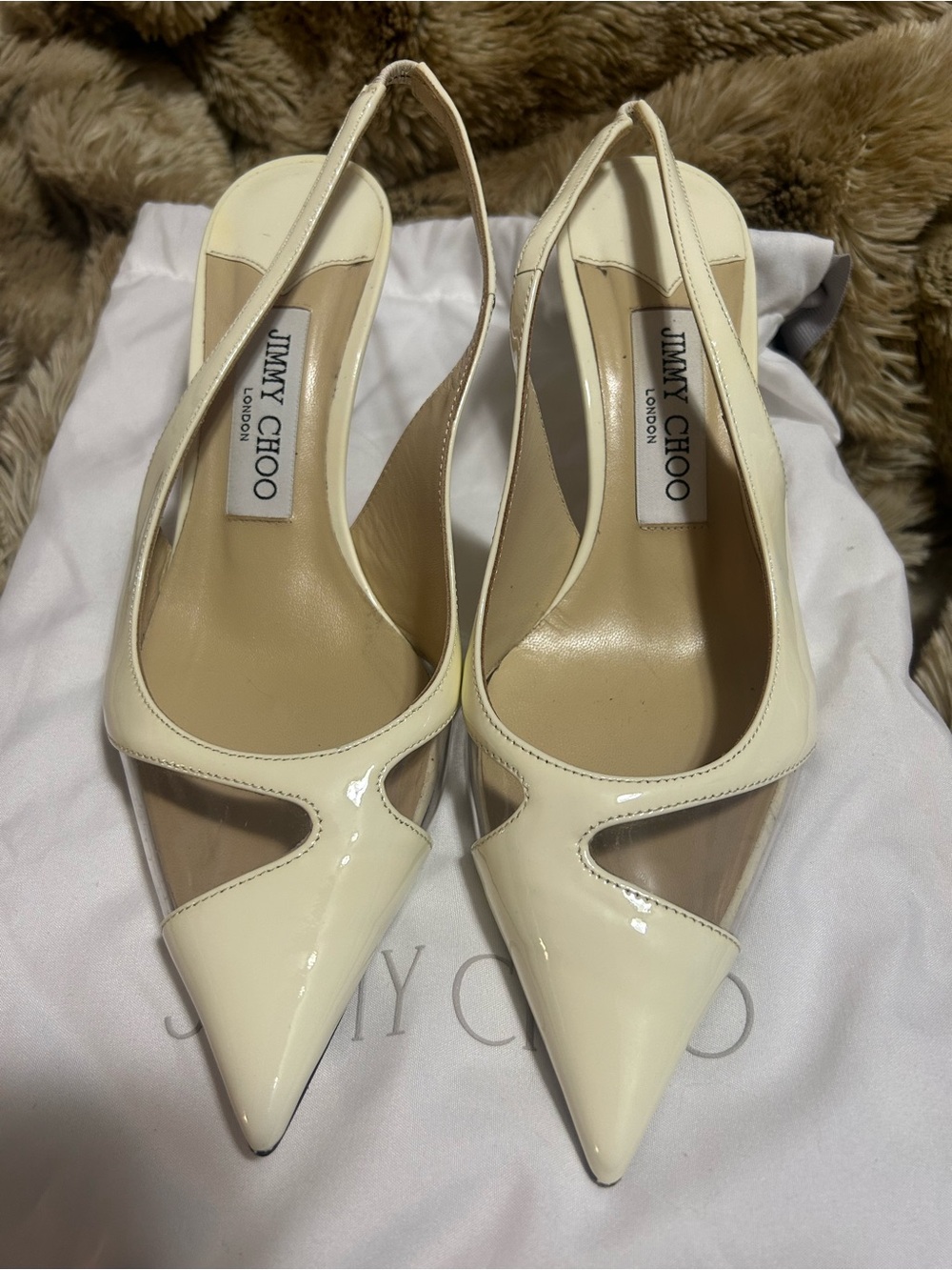 Jimmy Choo Cream Patent Slingback Pumps with Clear Insets